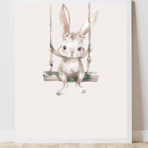 A4 poster kids room, little bunny on swing, bunny poster, gift for children's birthday, kindergarten, print, digital print, instant download