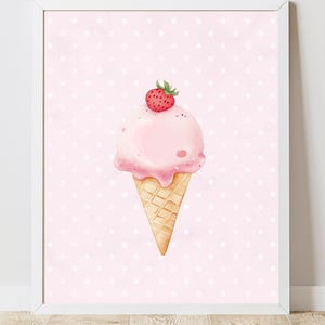A4 Eiswaffel Erdbeere Kinderzimmer Poster kleine Pünktchen rosa Babyzimmer Geschenk für Kinder Sofort-Download digitale Datei Sofortdruck