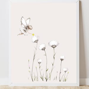 Little fairy with magic wand, A4 & A3 kids poster, magical fairy white flowers, kids room decor, print, digital download, instant download