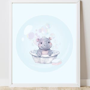 Cute blue hippo poster, adorable bathing hippo, blue nursery poster, blue bubble design, children poster, digital download, instant download