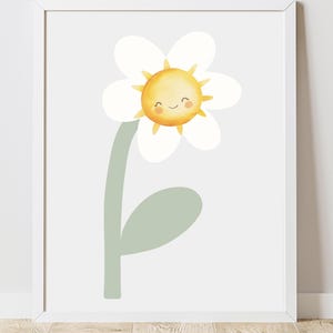 Children's poster flower, children's drawing white blossom with sun, nursery room spring motif, printable, digital print, instant download