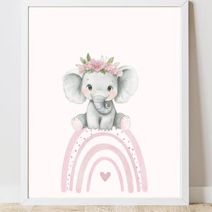 Rainbow poster with elephant, boho rainbow pink, childrens poster, cute pink elephant poster, printable, digital print, instant download