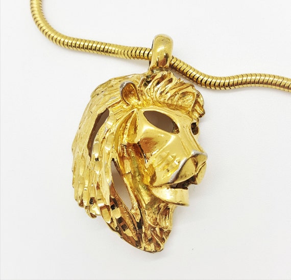 Roaring lions head figural pendant necklace gold … - image 1