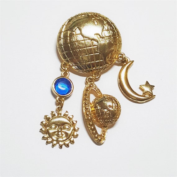 Gold Globe Brooch with Crescent moon Sun face Pla… - image 4