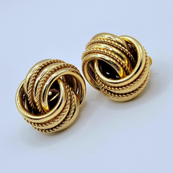 Lovely Double Tube Knot Clip On Earrings Shiny Go… - image 2