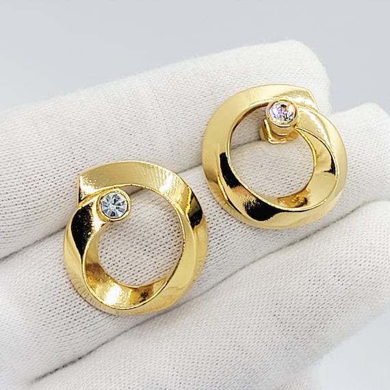 Shiny gold hoop earrings with rhinestones Gold ri… - image 1
