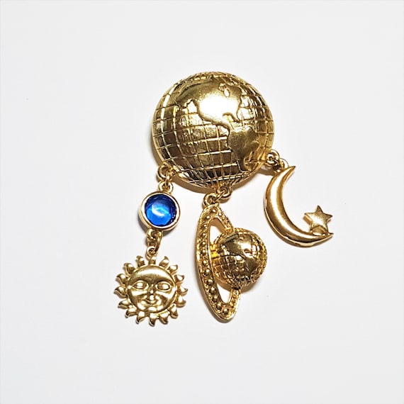 Gold Globe Brooch with Crescent moon Sun face Pla… - image 3