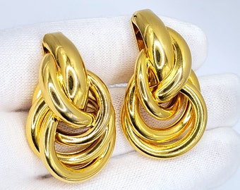 Polished Shiny Gold Tone Oversize Lovers Knot Clip on Earrings Chunky Large Tube Door Knocker Classic Iconic Sculptural Nautical Lightweight