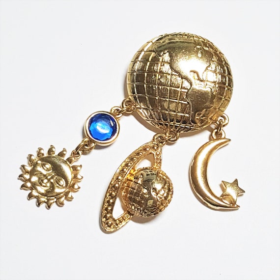 Gold Globe Brooch with Crescent moon Sun face Pla… - image 6