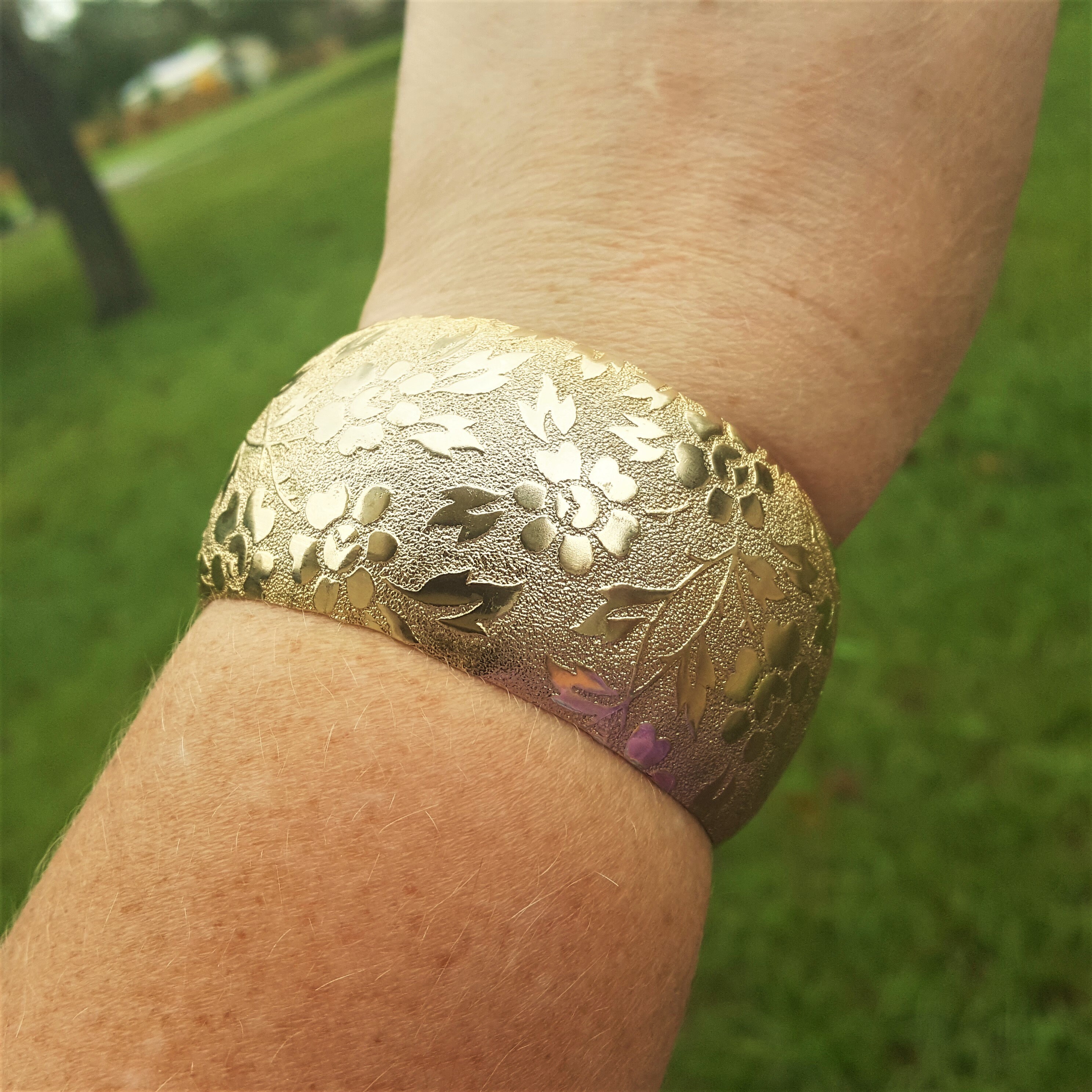 Vintage Gold Tone Wide Floral Cuff Bracelet With Etched Floral Ornament Floral Engraved Texture