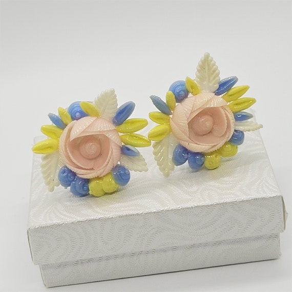 Vintage pastel celluloid flower clip on earrings … - image 4