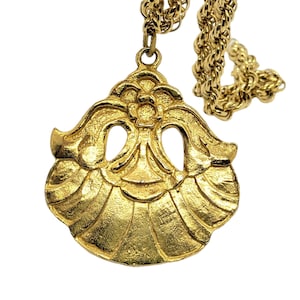 Rare! PRE COLUMBIAN Revival La Royale large totem pendant Tribal Mask medallion necklace Inca Aztecs Mayan jewelry Huge gold tone pendant