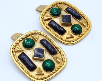 Rare! Vintage Matte Satin Gold Geometric Bluette Shoe Clips Made in France Navy Blue Marble Green Retro Runway Couture Formal Dance Etruscan