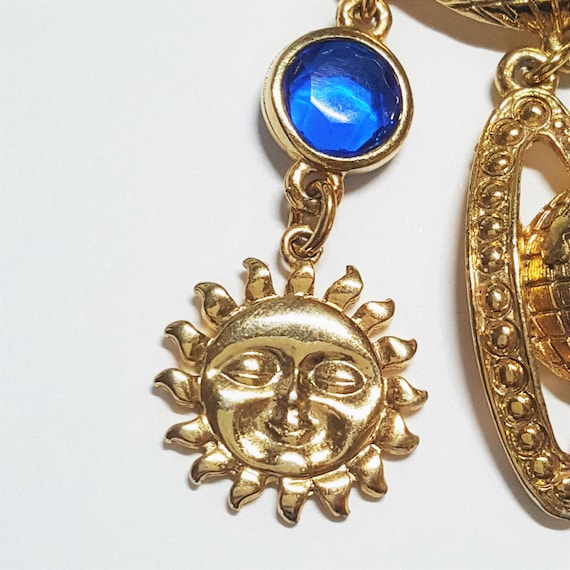 Gold Globe Brooch with Crescent moon Sun face Pla… - image 10