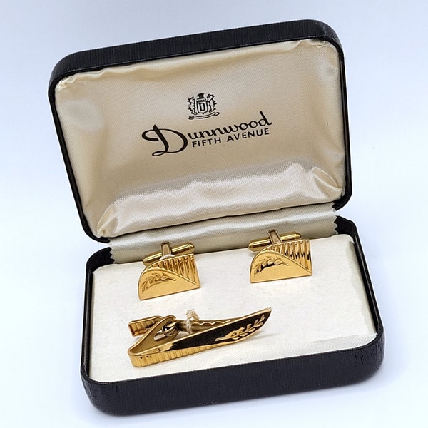 Vintage Gold Cufflinks & Tie Clip Set Mint In Box Dunnwood Fifth Avenue Designer Floral Branch Wavy Ribbed Gentleman Businessman Accessorys