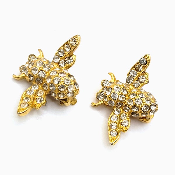 Vintage Roxanne Assoulin gold tone tiny bee clip on earrings with clear rhinestone Chic Couture Paris 1980s Bug Insects Non Pierced Earrings