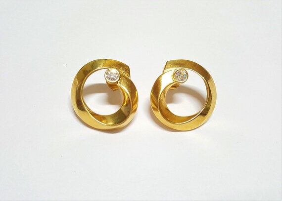 Shiny gold hoop earrings with rhinestones Gold ri… - image 4