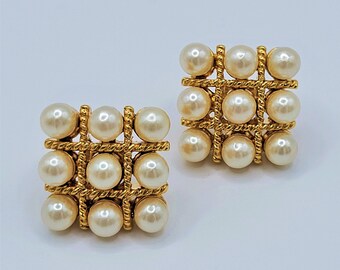 Vintage MARVELLA signed faux pearl pierced earrings Gold tone rope style Square stud earrings Tic Tac Toe posts Wedding Elegant Classic Fun