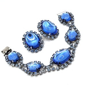 Vintage shades of blue rhinestone and large lucite cabochons demi parure set of link bracelet & matching oval clip on earrings Sky Blue
