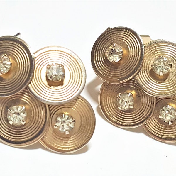 Vintage Articulated Discs Clip On Earrings Textured Gold Tone with Rhinestones Large Statement 1960s Disco Clip Earrings