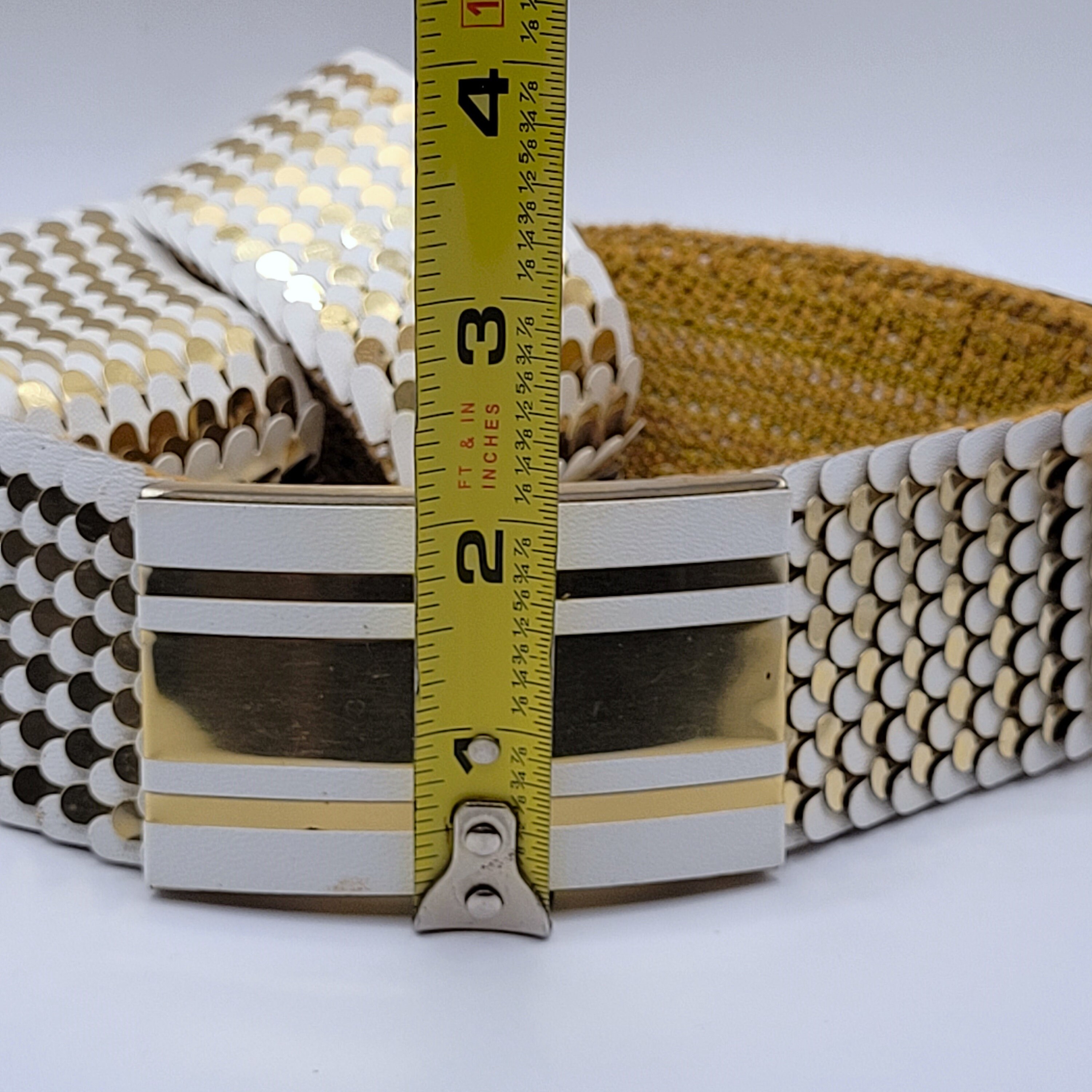 Vintage Gold & White Fish Scale Stretch Belt with Rectangular Buckle Gold & White Fish Scale Stretch Wide Belt With Rectangular  main image 3