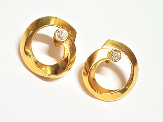 Shiny gold hoop earrings with rhinestones Gold ri… - image 2