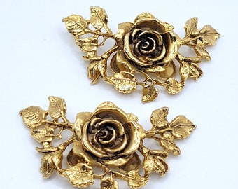 Vintage signed MUSI goldtone rose flower leaves large shoe clips Openwork Statement Accessories Formal Dance Glamorous Retro Runway Couture