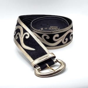 Vintage AVIGNON Black Suede Genuine Leather Wide Belt Embellished with Stitched Silver Leather Сurls M Size Made in Spain Statement Corset