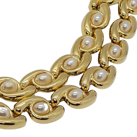 Gold tone chain choker necklace with faux pearl 1… - image 1