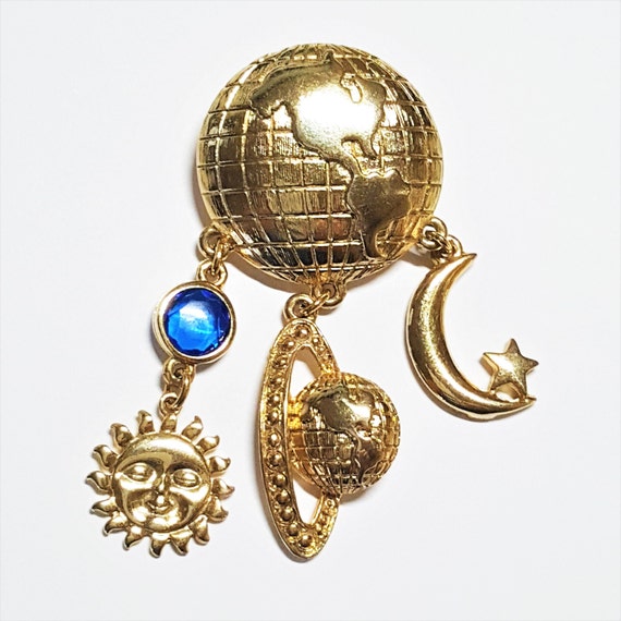 Gold Globe Brooch with Crescent moon Sun face Pla… - image 1