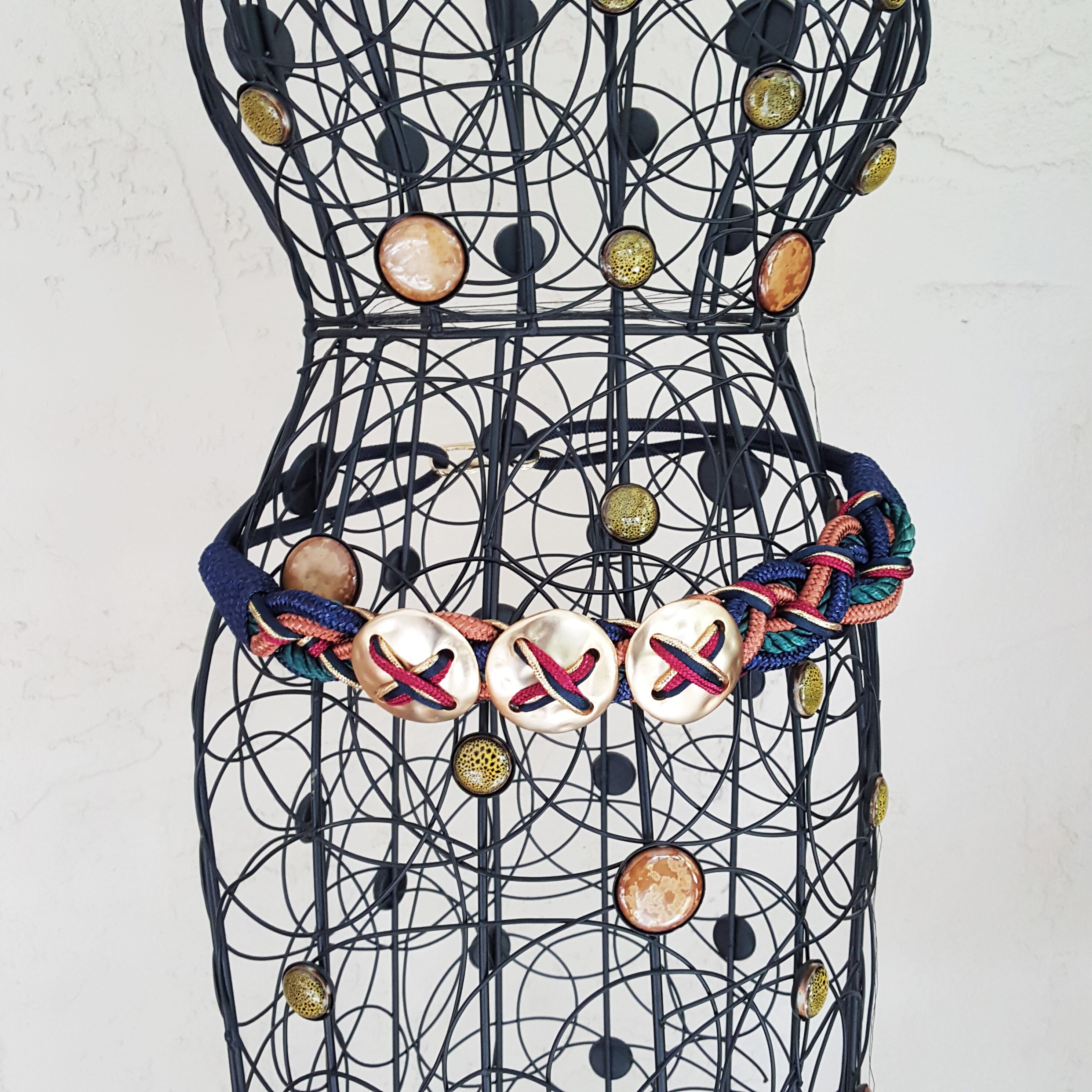 Multicolored Braided Stretch Belt With Ornate Matte Gold 