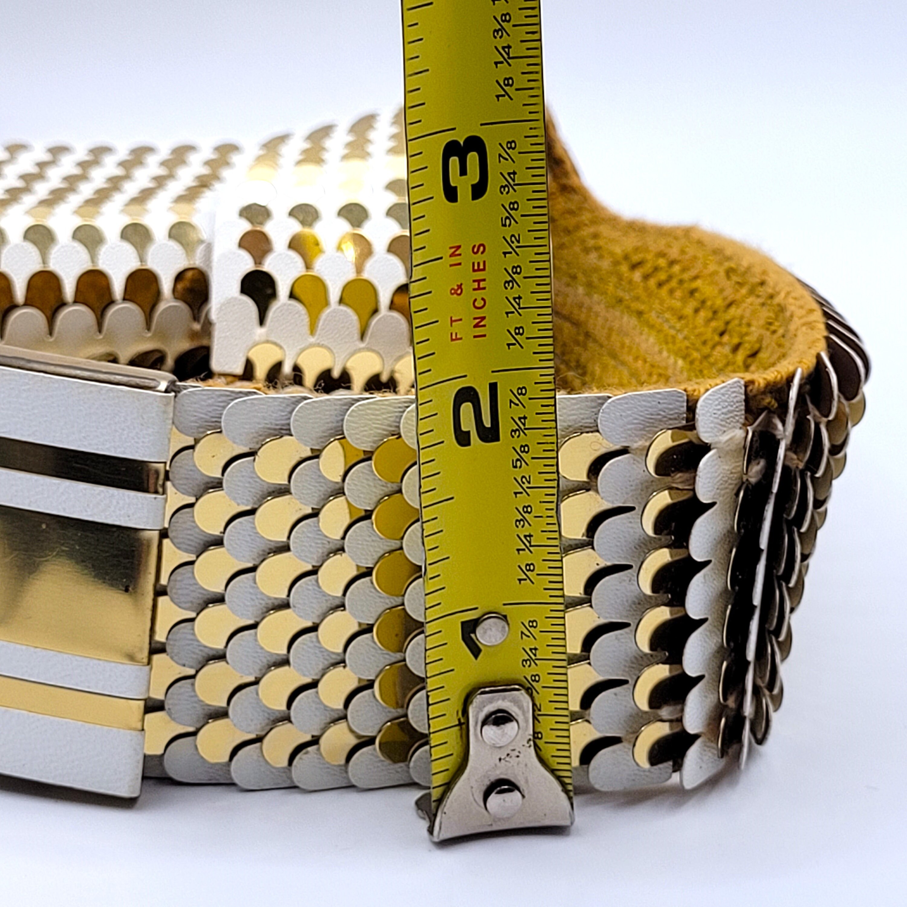 Gold & White Fish Scale Stretch Wide Belt With Rectangular  display picture 2