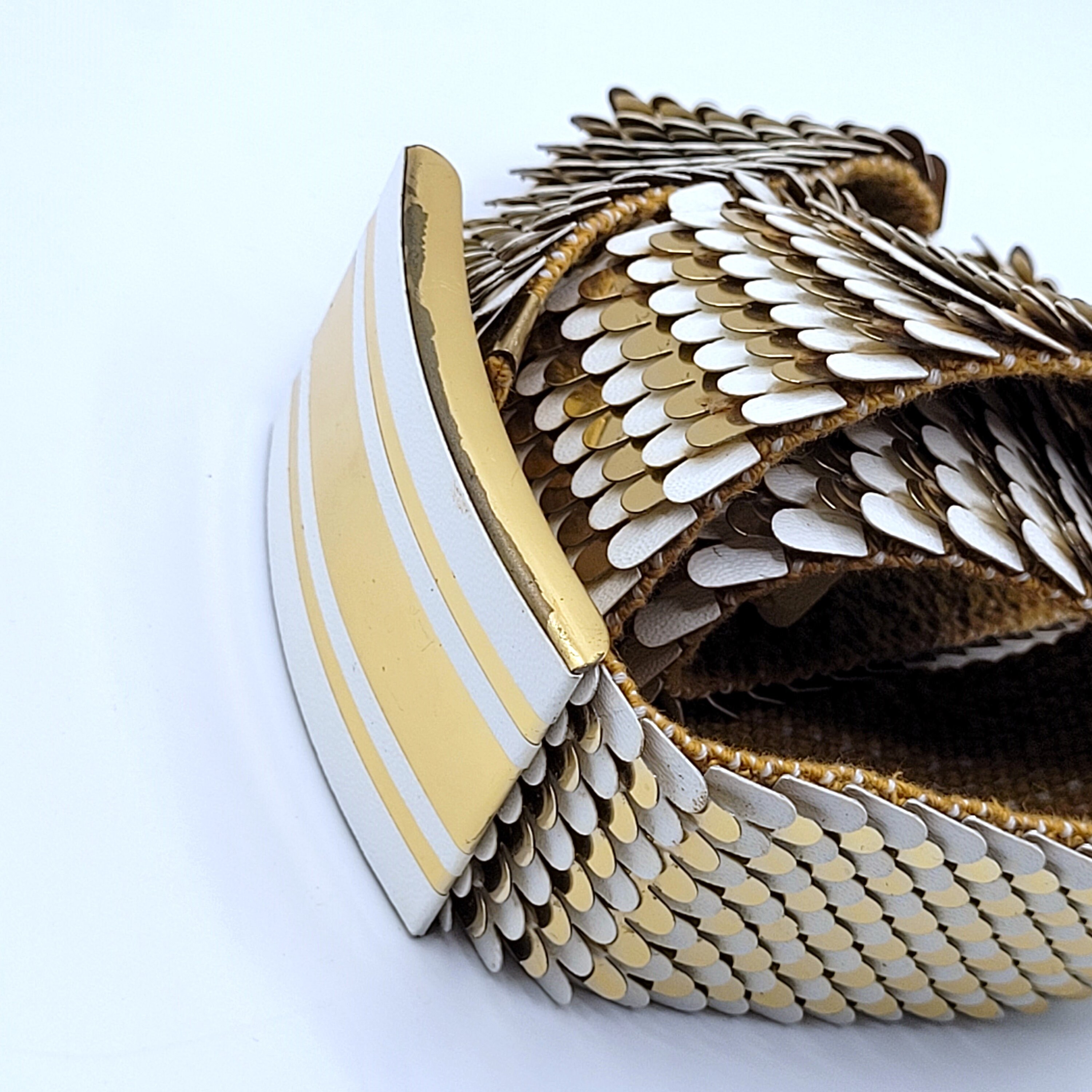 Gold & White Fish Scale Stretch Wide Belt With Rectangular 