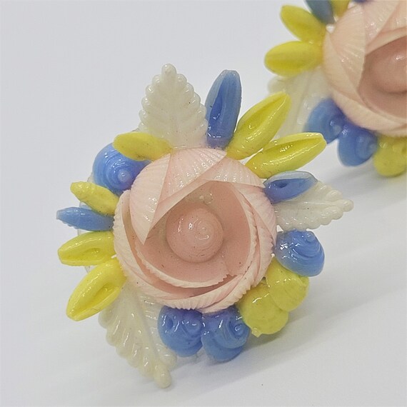 Vintage pastel celluloid flower clip on earrings … - image 3