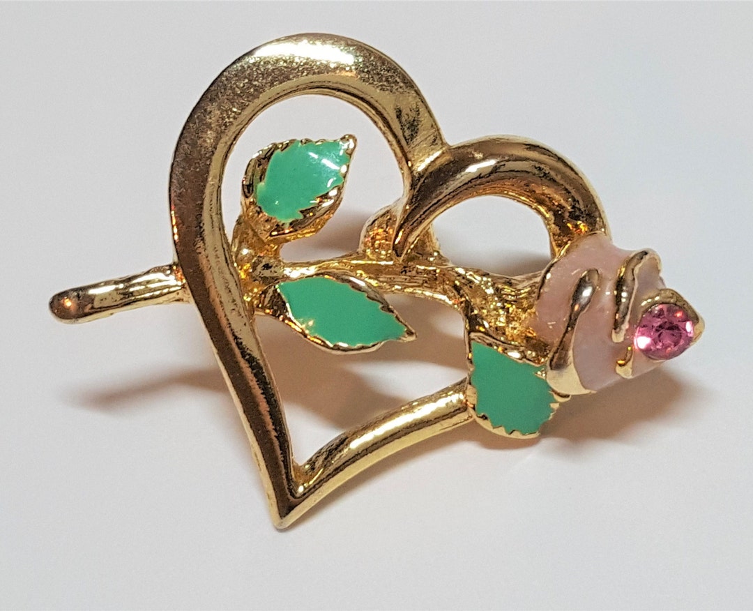 Tiny Gold Heart Shaped Lapel Pin With Pink Enamel Rose Branch ...