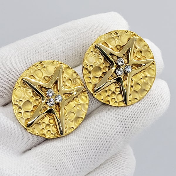 Vintage gold starfish clip on earrings Round hammered disc earrings Gold star with rhinestone earrings Button nonpierced earrings Nautical