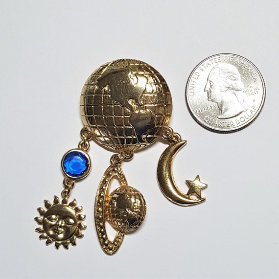 Gold Globe Brooch with Crescent moon Sun face Pla… - image 7