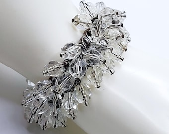 Vintage Clear Crystal Beads Cha-Cha Expansion Bracelet Silvertone Signed Japan Mid-Century Modern Authentic 1960s Waterfall Beaded Bracelet