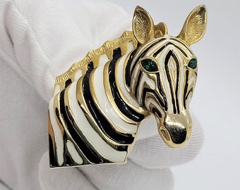 Vintage large zebra head black white enamel 3 D brooch with emerald green rhinestone Safari animals lover pin 1980's character brooch