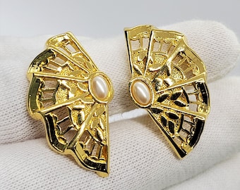 Vintage Faux Pearls Clip On Earrings Gold Tone Fan Shaped Modernist Filigree Statement Large Earrings Fashionable Jewelry Gift for Her