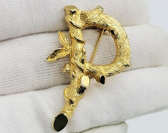 Vintage bamboo initial P letter brooch Mother's day gift Mom gift, P gold tone pin, Sarah Cov signed pin, Personalized P gift Designer piece
