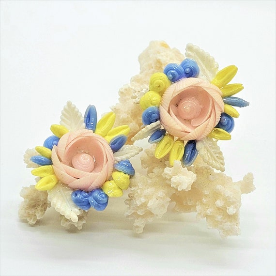 Vintage pastel celluloid flower clip on earrings … - image 2