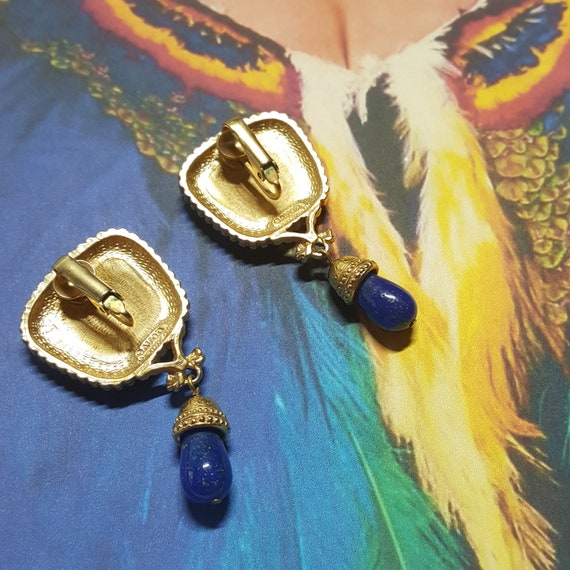 AVON Horse Pegasus Earrings Gold Tone & Faux Lapi… - image 10