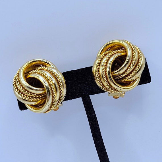 Lovely Double Tube Knot Clip On Earrings Shiny Go… - image 4