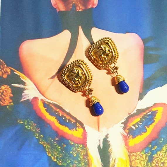 AVON Horse Pegasus Earrings Gold Tone & Faux Lapi… - image 6