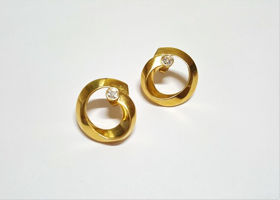 Shiny gold hoop earrings with rhinestones Gold ri… - image 5
