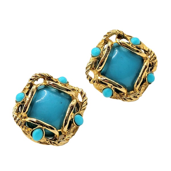 Cabochons vintage bleu turquoise et boucles d'oreilles clip en métal doré Boucles d'oreilles carrées chics non percées de style corde épaisse