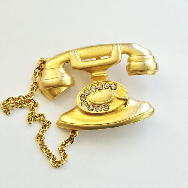 Vintage JJ Jonette rotary telephone brooch matte gold & rhinestones Desktop telephone shape brooch JONETTE JEWELRY signed office brooch