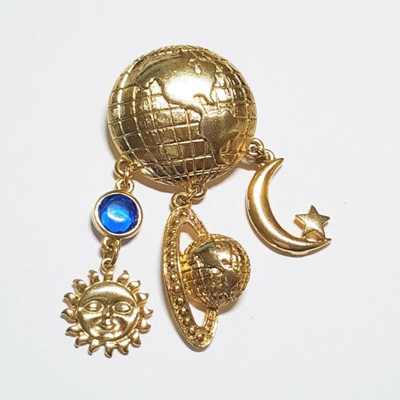 Gold Globe Brooch with Crescent moon Sun face Pla… - image 2