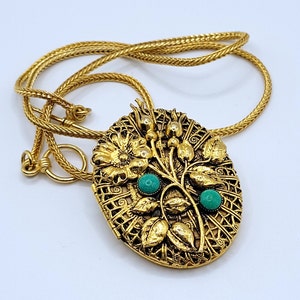 Vintage Gold Tone Brass Filigree Locket Brooch Pendant Necklace with Floral Design & Teal Green Cabochons Faux Turquoise Victorian Revival
